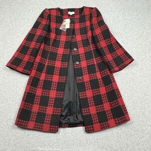 Ann Taylor Loft Plaid Pea Coat Size 4 Black Red Wool Blend‎ Jacket Goth Vamp NWT